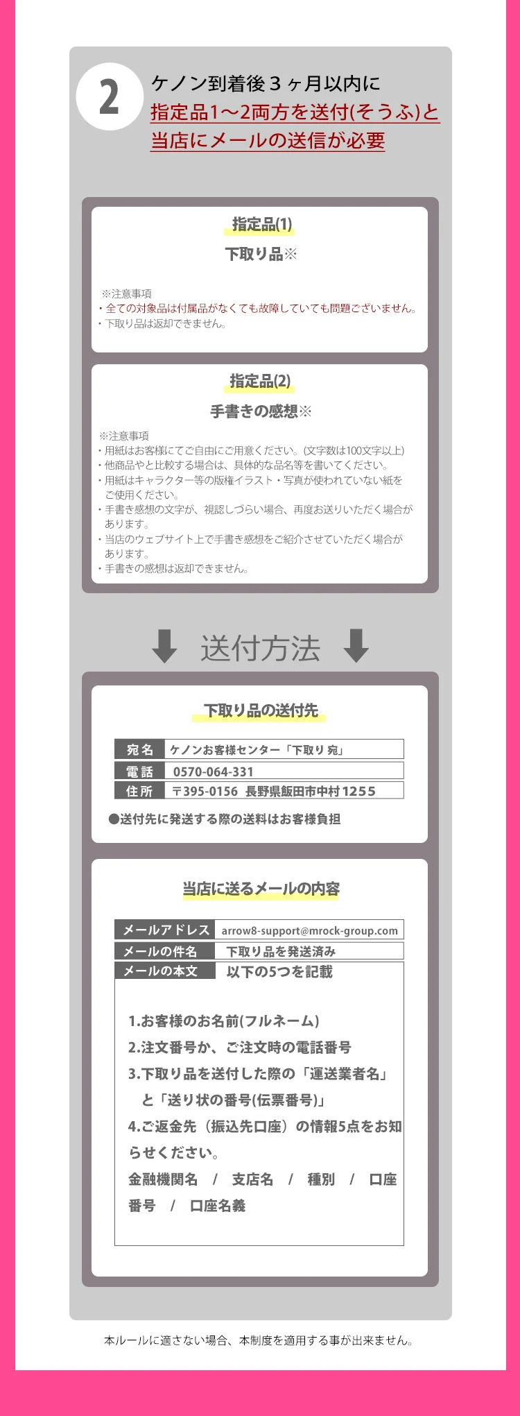 送り先指定住所と注意事項について説明した画像です。